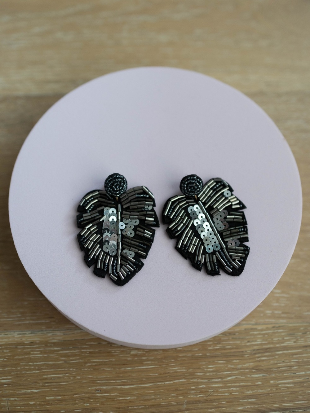 Handcrafted Black Sequin Leaf Statement Earrings